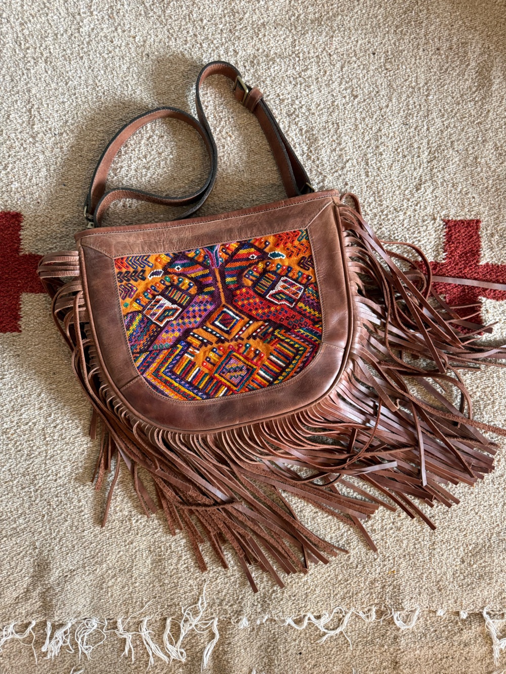 Boho Fringe Shoulder Bag with Colorful Embroidered Panel - Brown